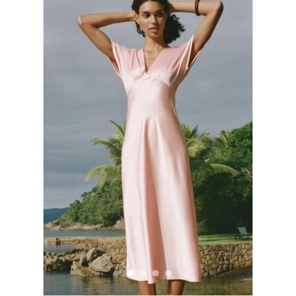 ZARA Womens Pink Satin Midi Dress Flutter Sleeve V-Neck Bloggers Favorite Size S - Picture 1 of 12